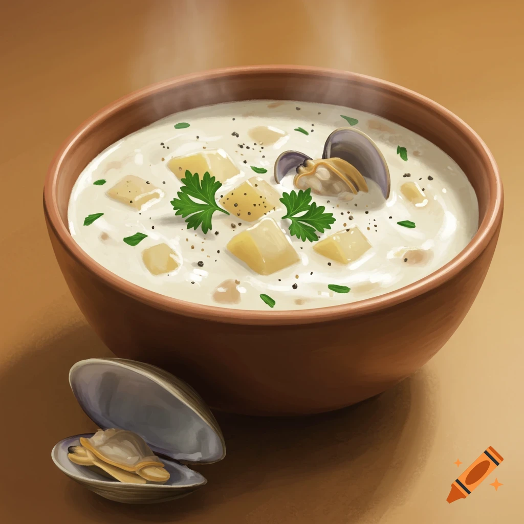A bowl of clam chowder with a clam on the side.