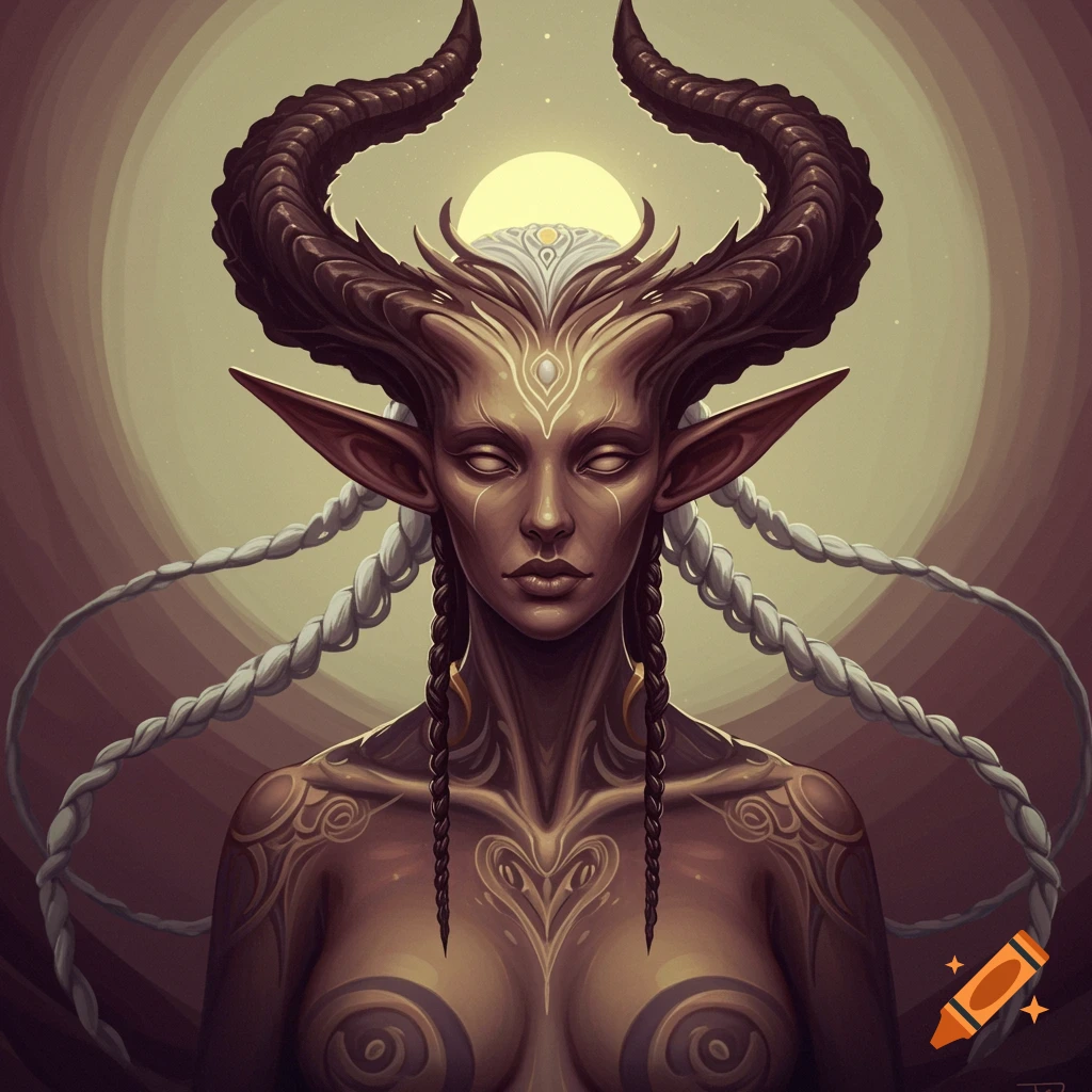 A surreal fantasy portrait of a female creature with large horns, pointed ears, braids, and tribal body markings against a sunlit background.