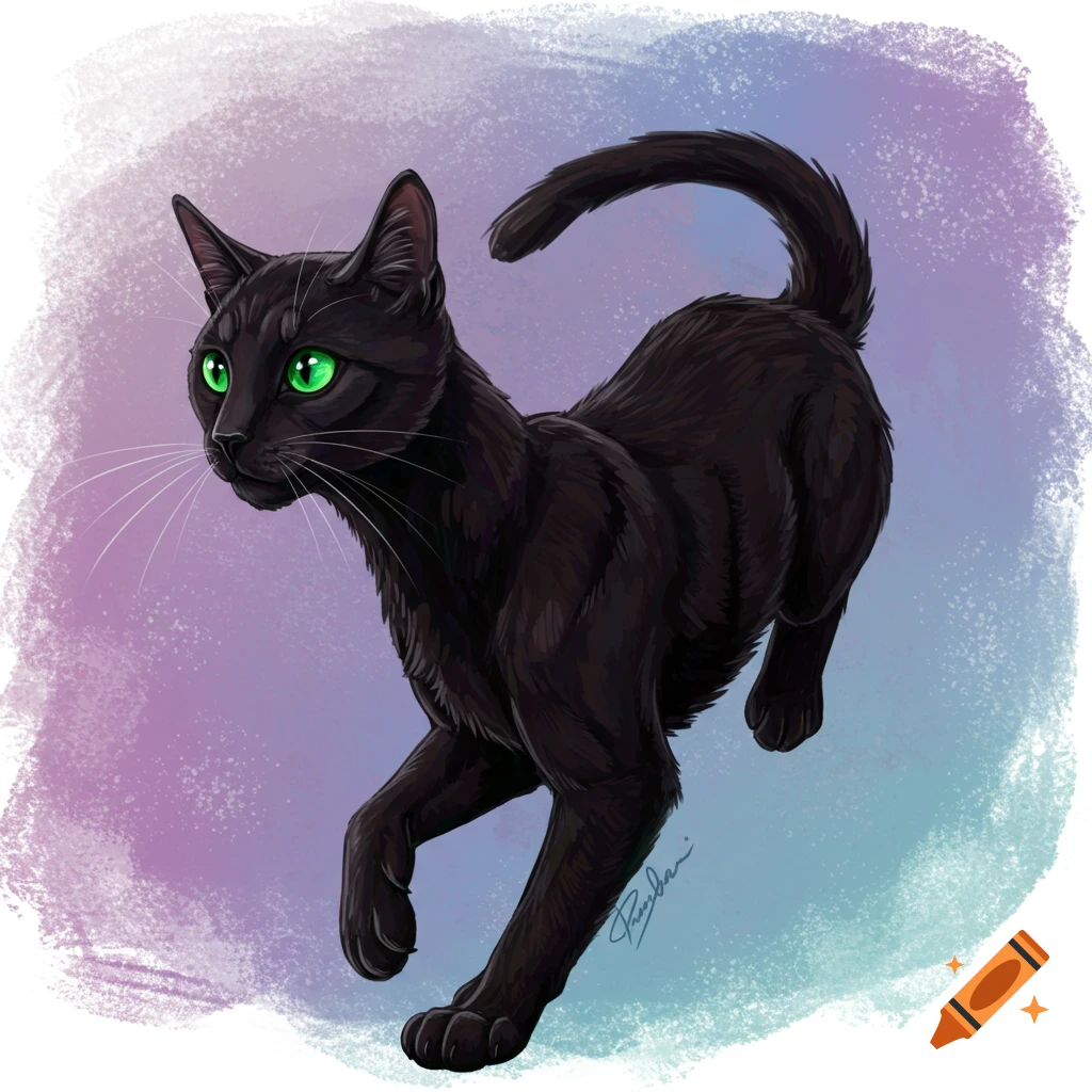 A black cat with bright green eyes against a purple and blue gradient background.