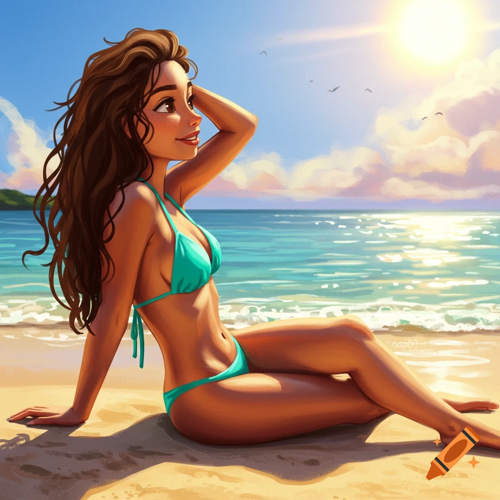 A woman in a bikini is lounging on a sunny beach.