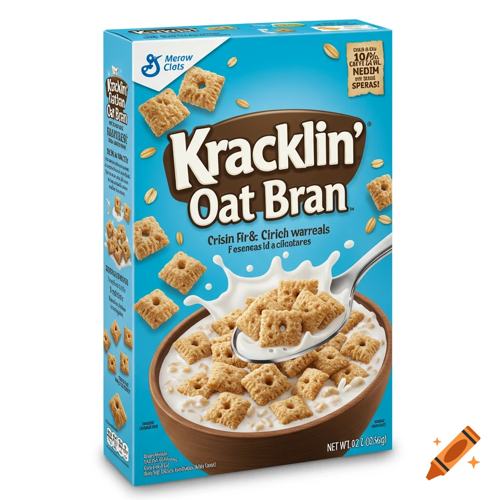 A blue box of Kracklin' Oat Bran cereal with a bowl, spoon, and cereal.
