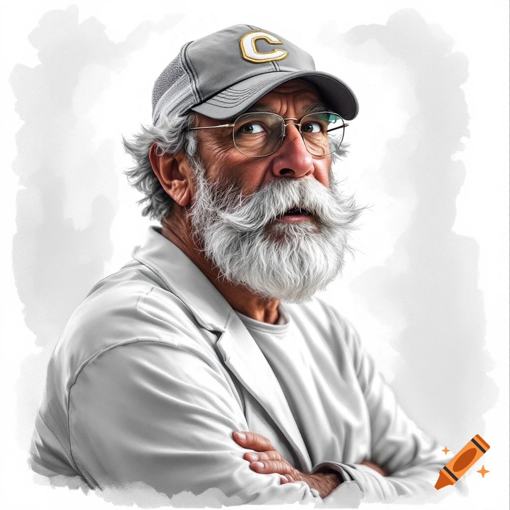 A photorealistic portrait of an older man with a grey beard and cap.