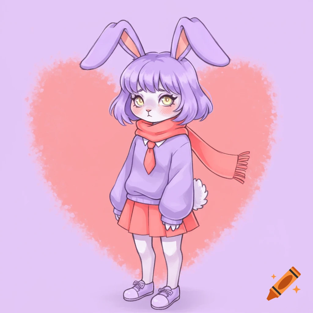 Shy rabbit character with purple hair and ears, wearing a sweater, scarf, and skirt, standing in front of a pink heart.