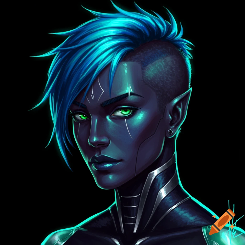 A portrait of a dark-skinned character with vibrant blue hair, green eyes, facial markings, and metallic armor against a black background.