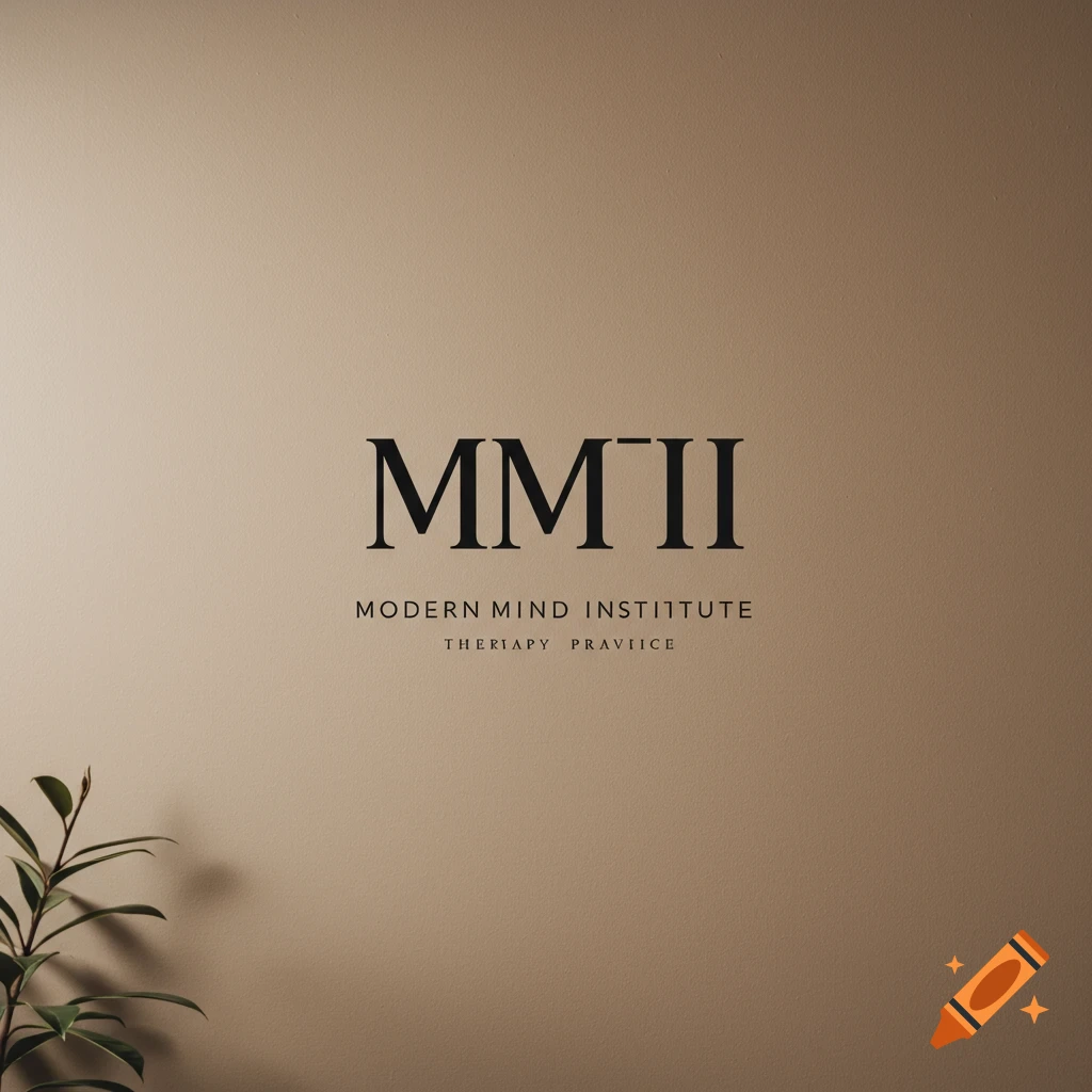 Minimalist logo for Modern Mind Institute with large MMI text on a tan wall with a plant.