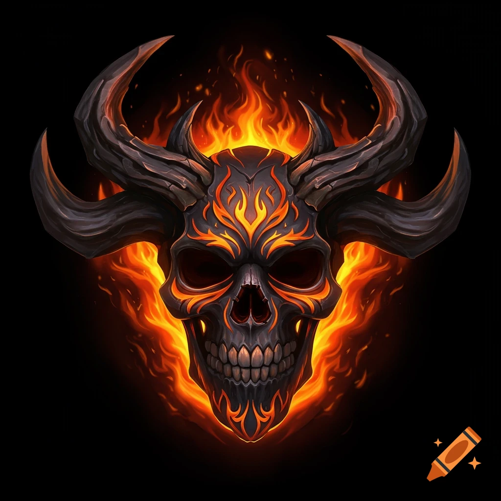 A stylized skull mask with large horns is engulfed in orange flames on a black background.