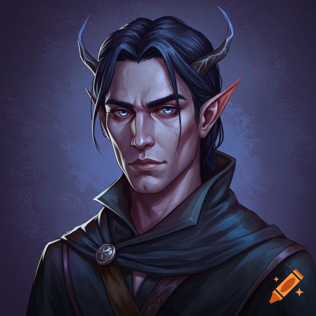 A pale male fantasy character with dark hair, glowing blue eyes, elf ears, and horns, wearing a dark cloak.