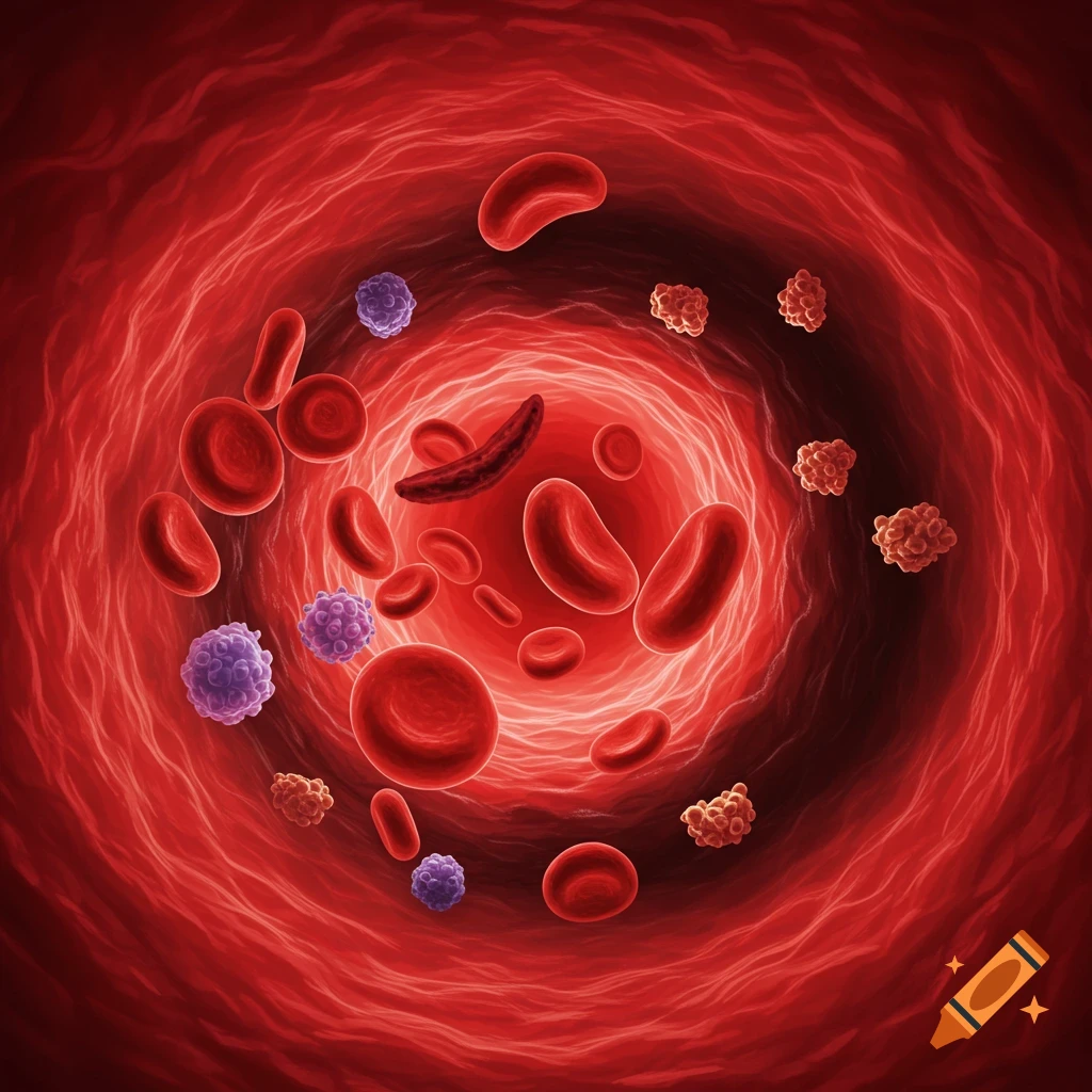 Red blood cells, including sickle cells and platelets, inside a blood vessel.