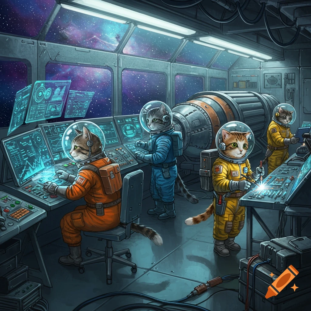 Four cats in spacesuits work at computers and equipment in a spaceship cockpit.