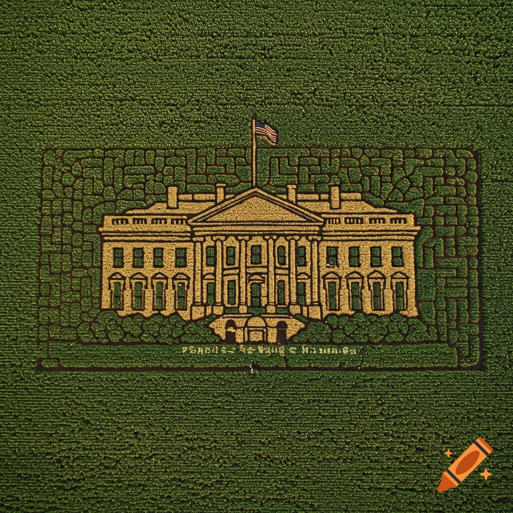 Aerial view of a corn maze shaped like the White House, with text below.