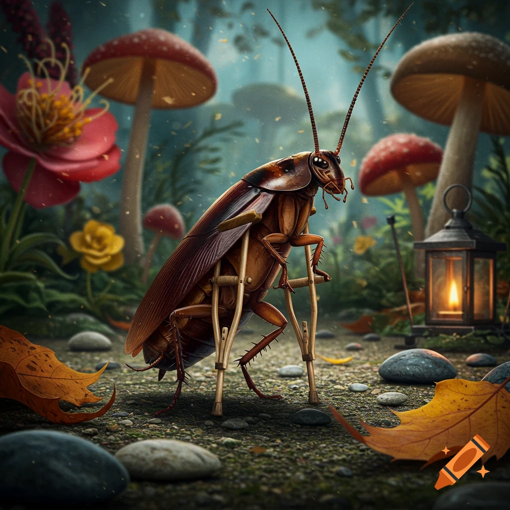 A cockroach with crutches walking in a fantasy forest.