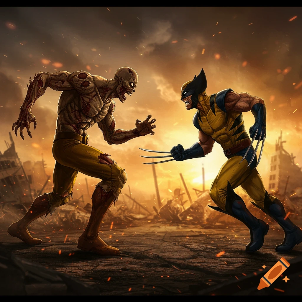 Wolverine battles a zombie in a ruined city.
