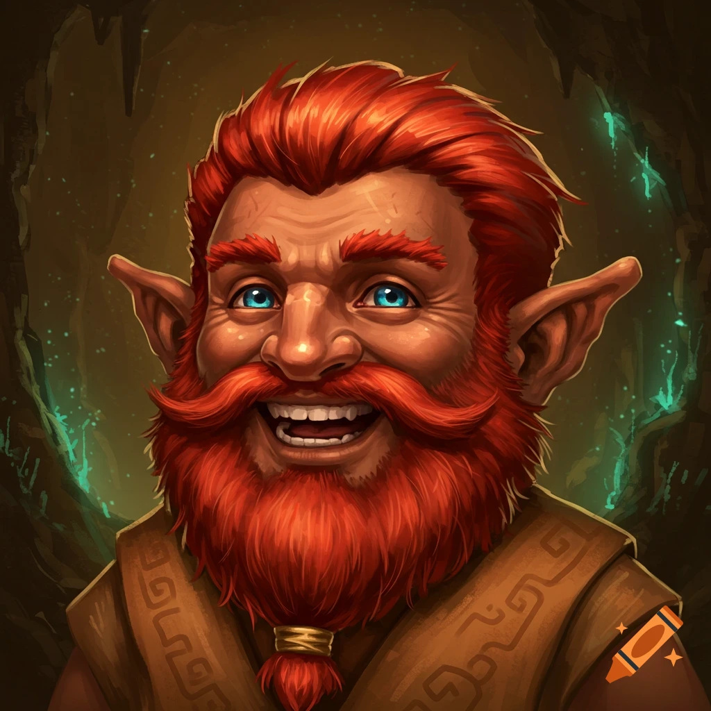A smiling fantasy gnome with red hair and beard.