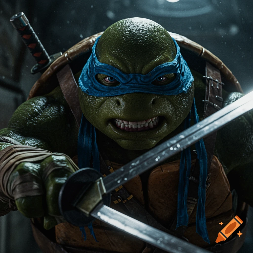 Close-up, dramatic photorealistic portrait of Leonardo from TMNT, gripping katanas with a furious expression.