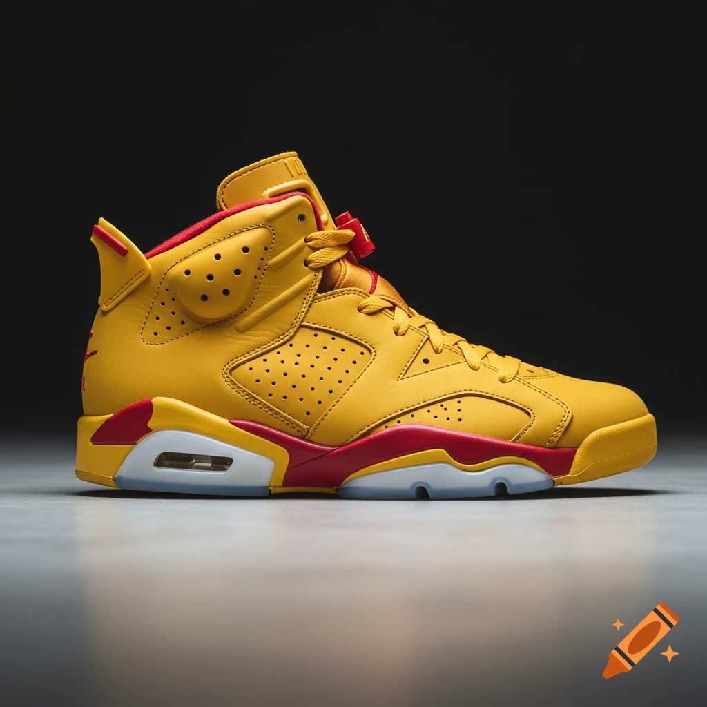Yellow and red Air Jordan 6 style sneaker on a dark background