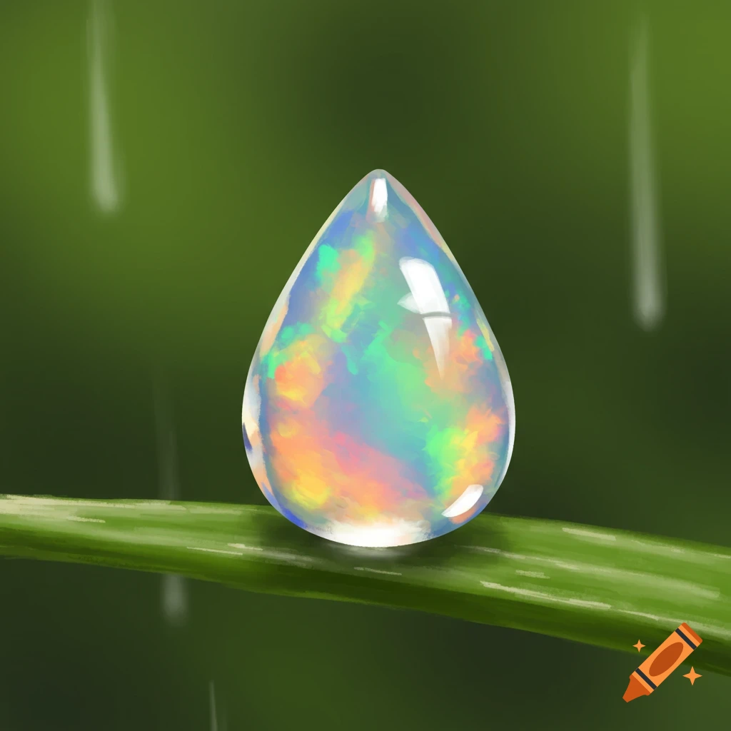 A teardrop-shaped opal on a green leaf with blurry background.