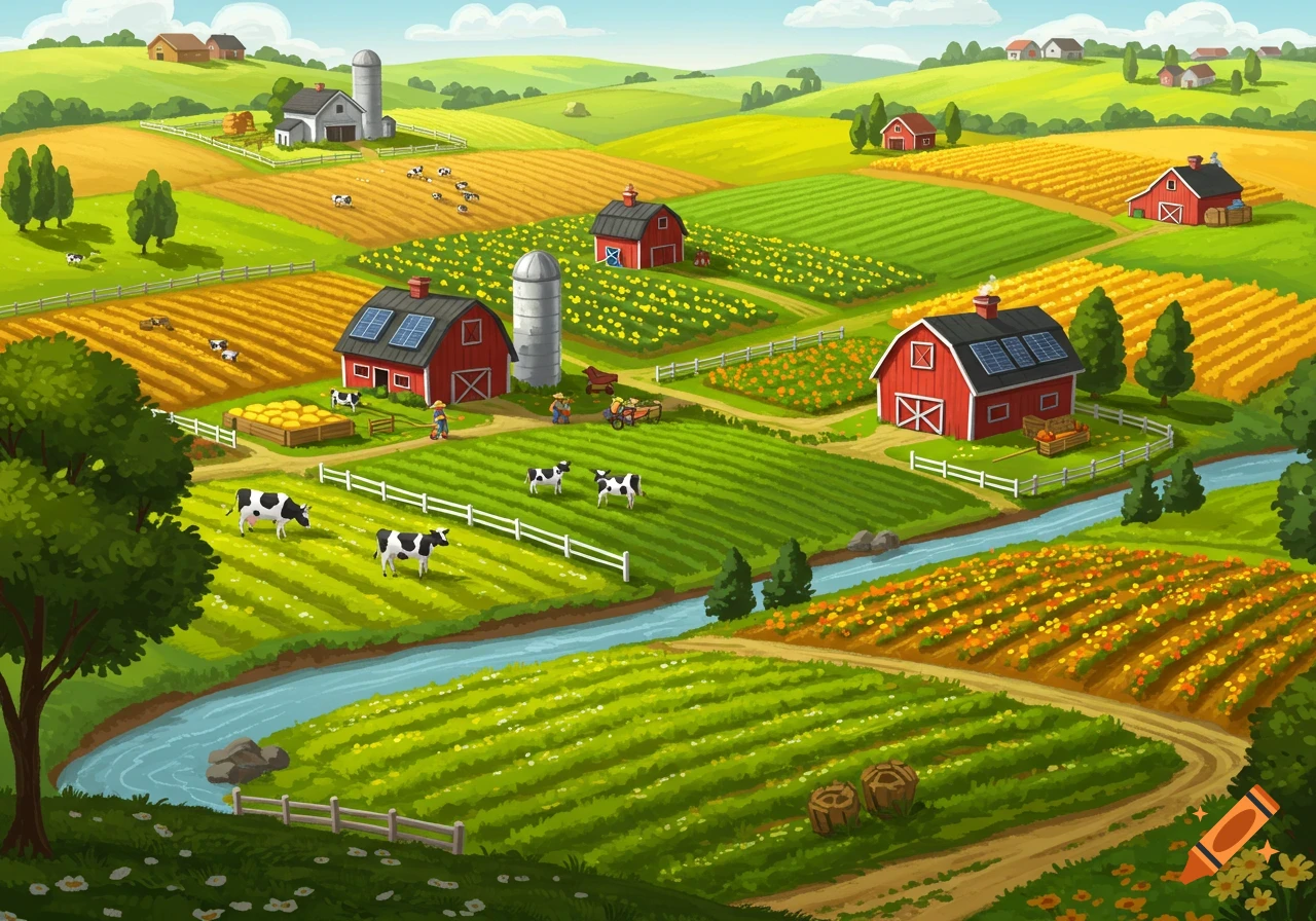 A colorful image of a rolling farm landscape with barns, fields, cows, and a river.