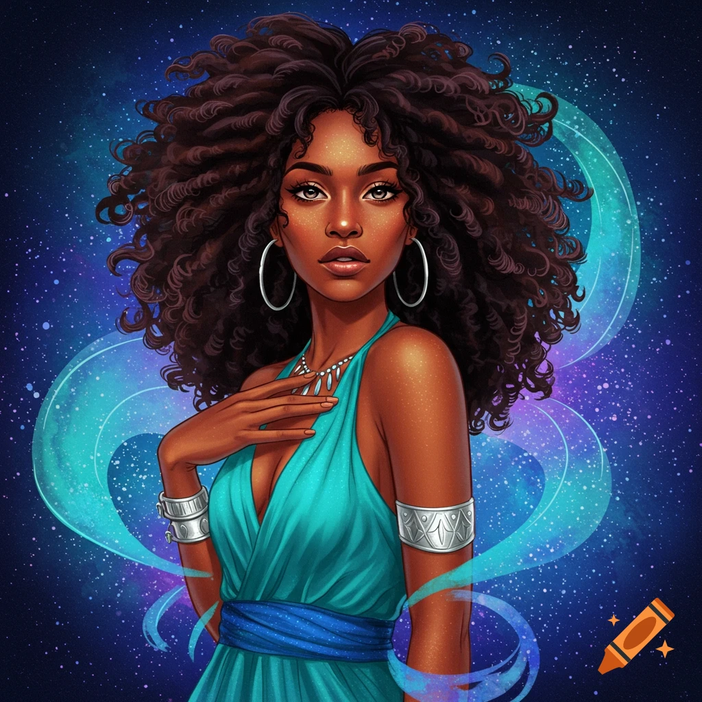 A portrait of a Black woman with curly hair, wearing a blue dress and jewelry, set against a starry space background.