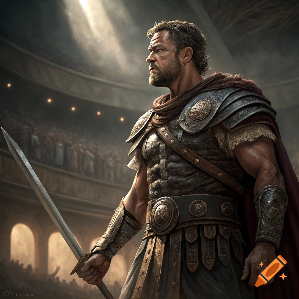 Gladiator in armor holding a sword in a sunlit arena