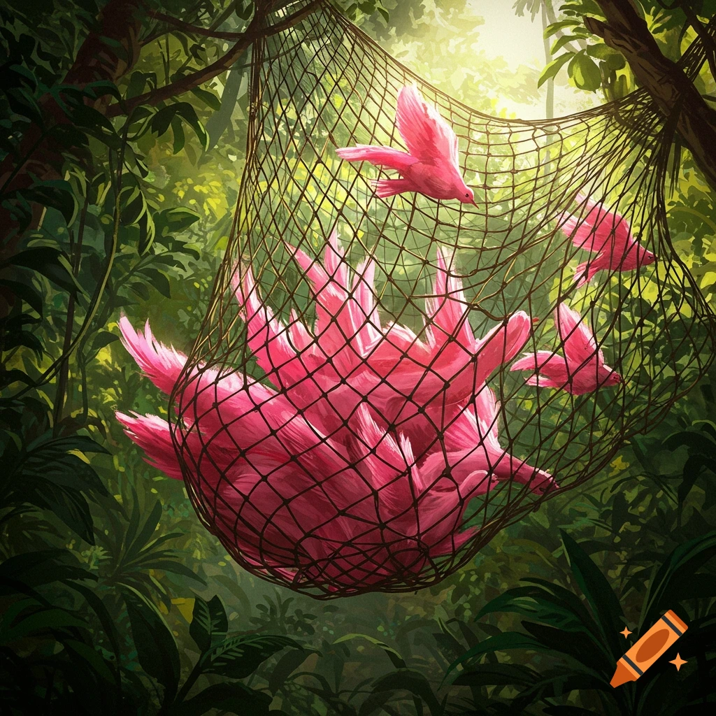 Pink birds trapped in a net in a jungle.