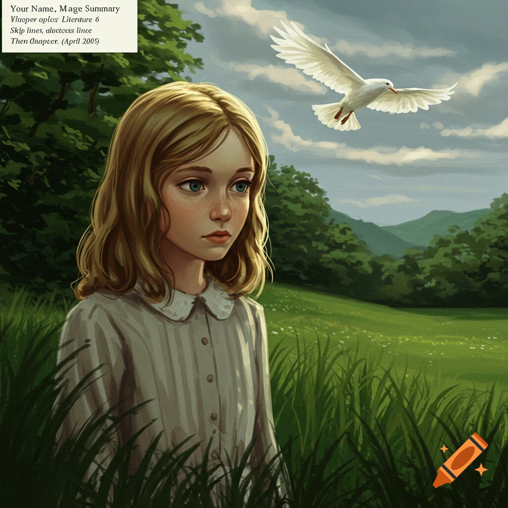 A young girl looks into the distance in a grassy field, with a white dove flying overhead.