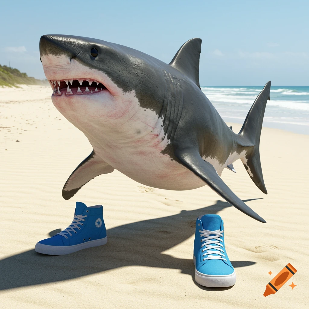 A hyperrealistic image of a great white shark standing on a beach wearing blue sneakers.