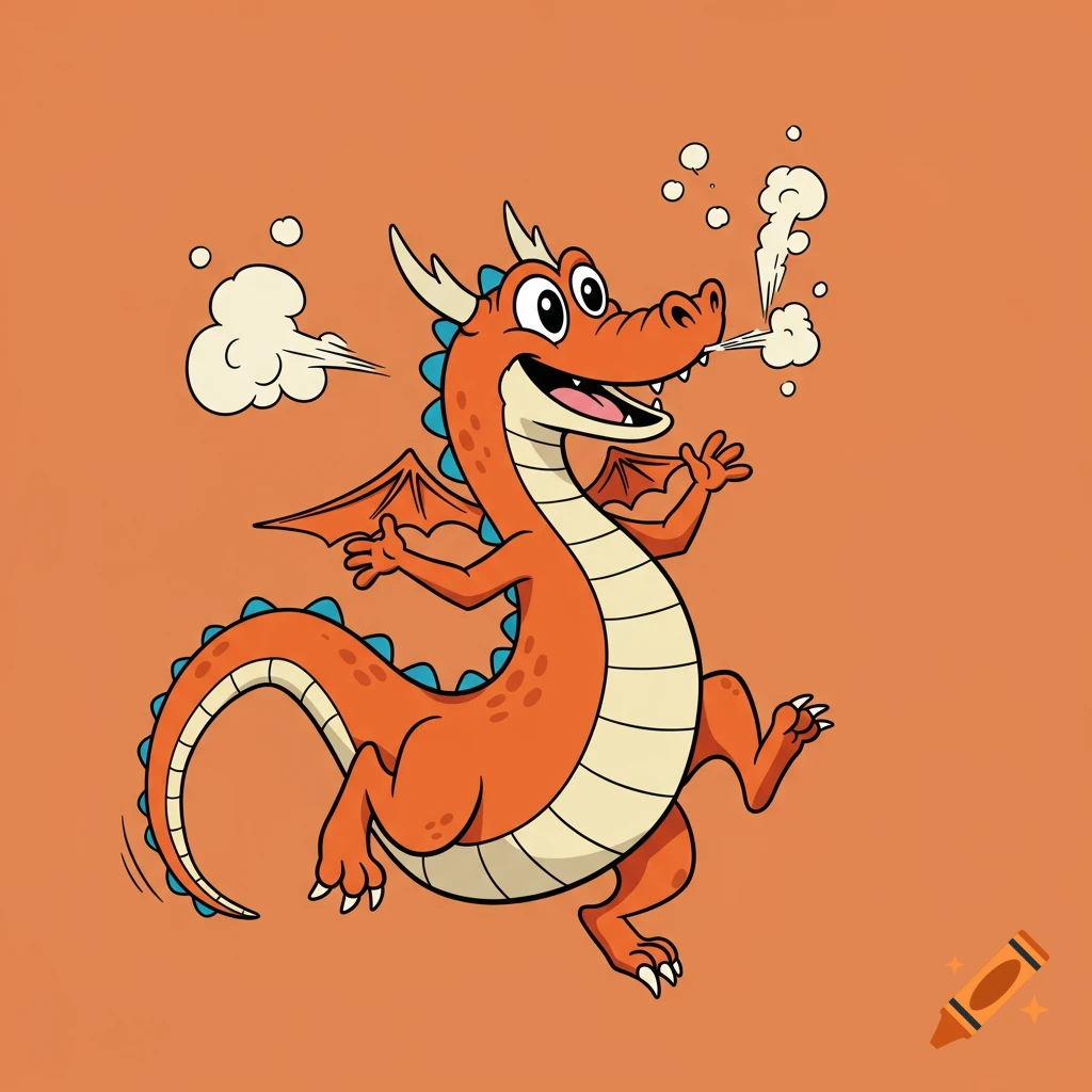 A cheerful cartoon dragon exhales smoke on an orange background.