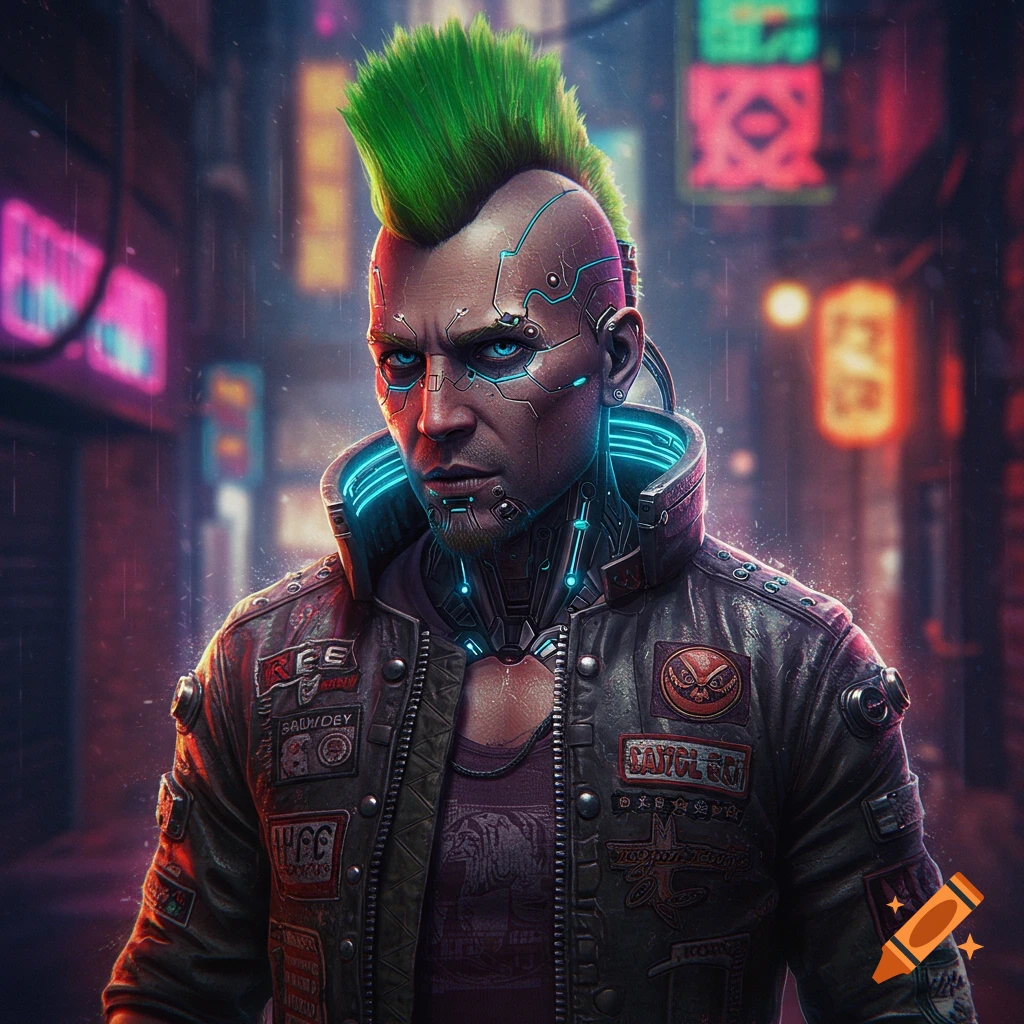 Photorealistic portrait of a cyberpunk man with green mohawk and glowing blue implants in a rainy city at night.