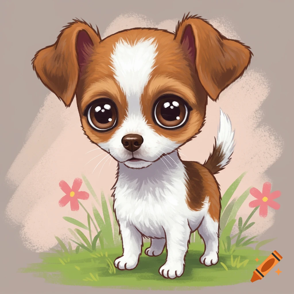 Cute cartoon puppy standing in grass with flowers.