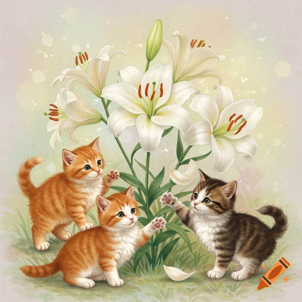 three playful kittens among white lily flowers.