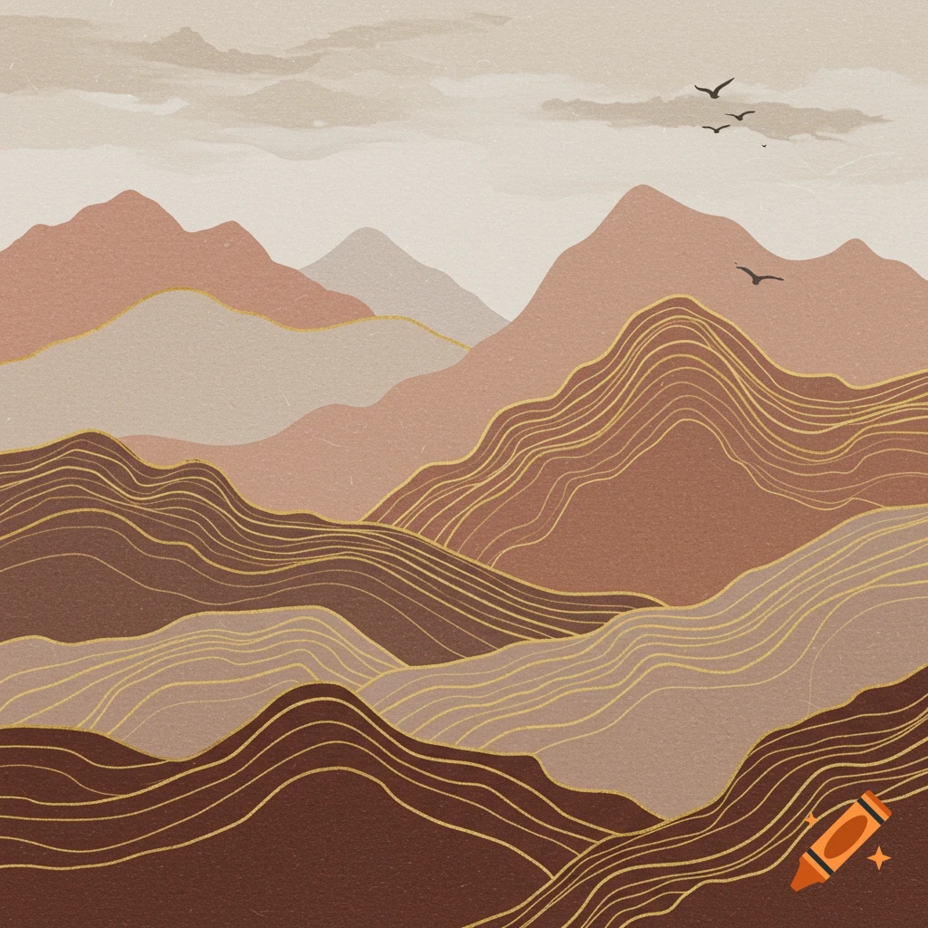 Abstract landscape painting of layered mountains in earthy tones with gold lines and birds