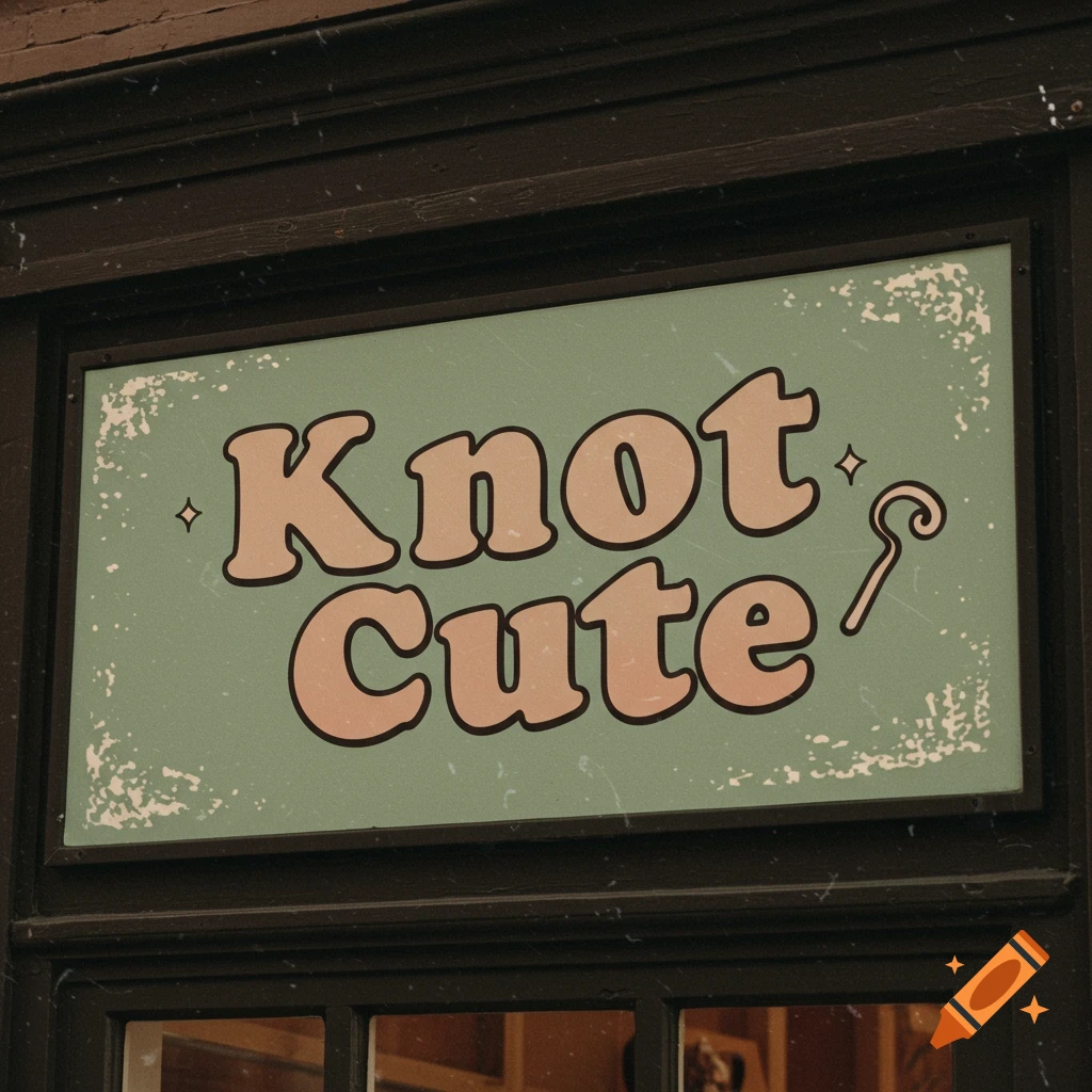 A sage green Y2K style business sign on a building reads "Knot Cute" in pink bubbly letters.