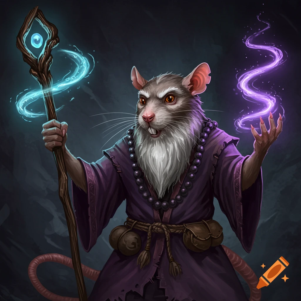 An elderly rat sorcerer holding a staff and casting a spell.