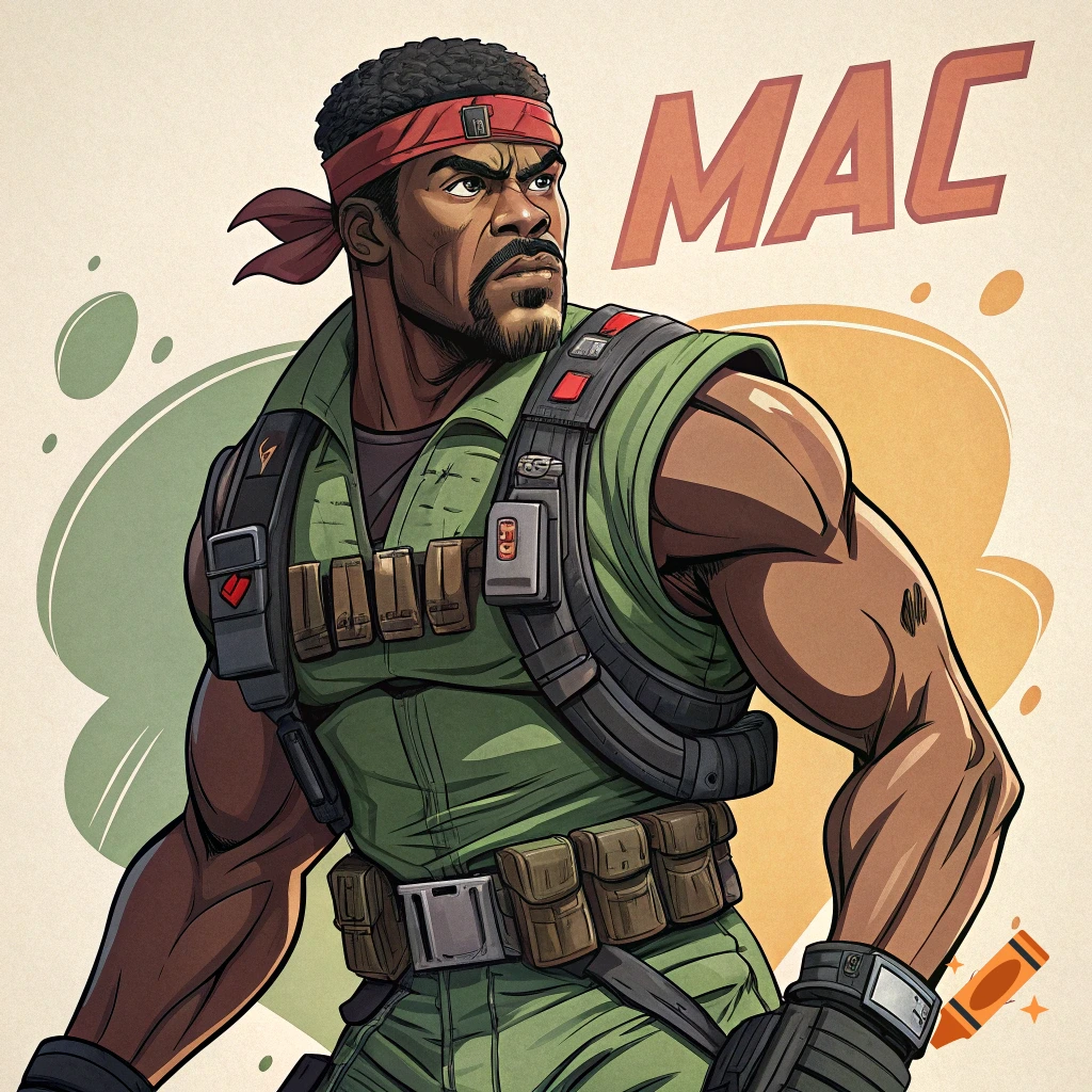 Cartoon portrait of a soldier character named MAC wearing a headband and vest.