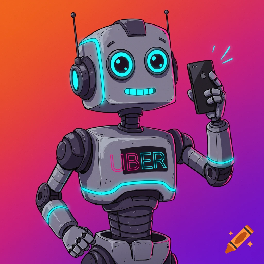 Cartoon robot holding a smartphone with UBER on its chest, digital art style.