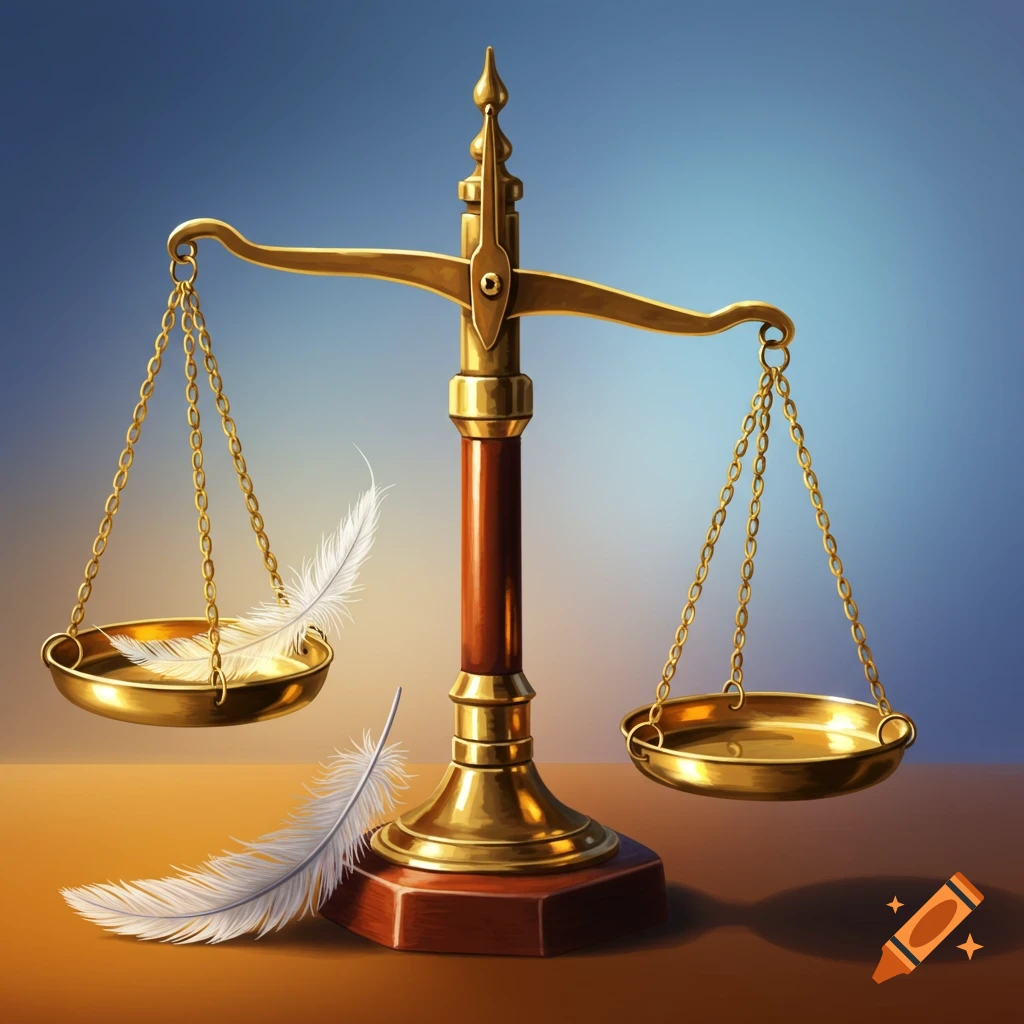 A golden balance scale with feathers on the pans.