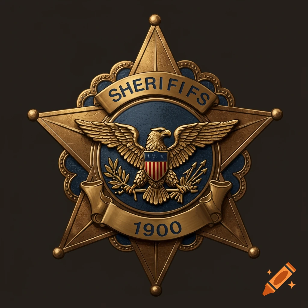 A detailed golden sheriff's badge with an eagle emblem and the year 1900.