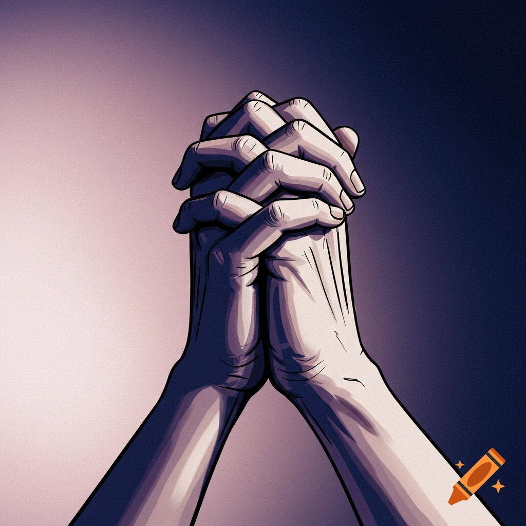 Digital illustration of tightly clasped hands against a gradient background.