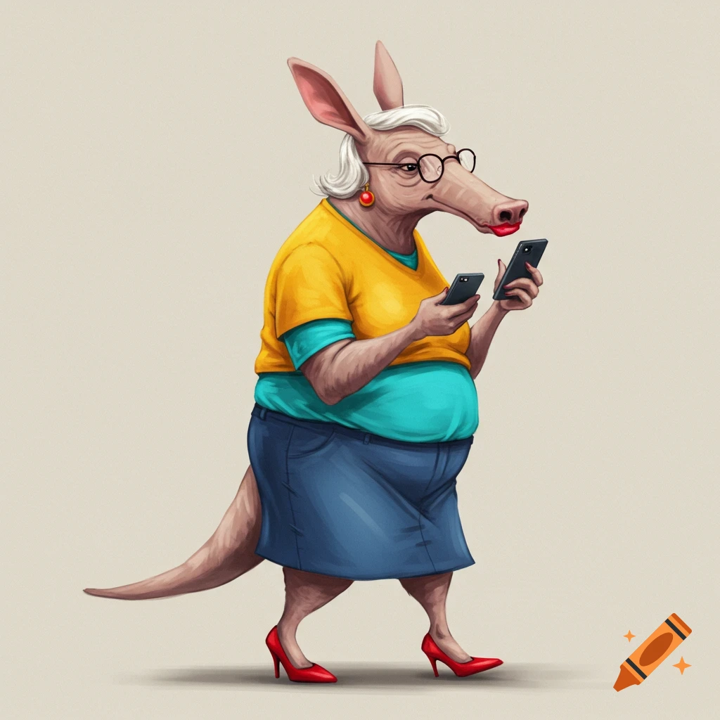 A grandma aardvark in a skirt and high heels walks while looking at two phones.