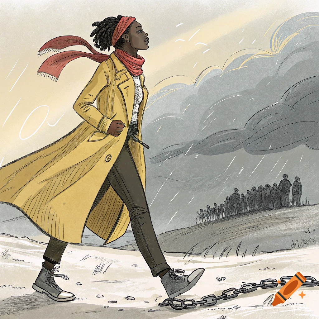 Illustration of a woman in a yellow coat and red scarf walking with a broken chain, stormy sky and crowd behind her.