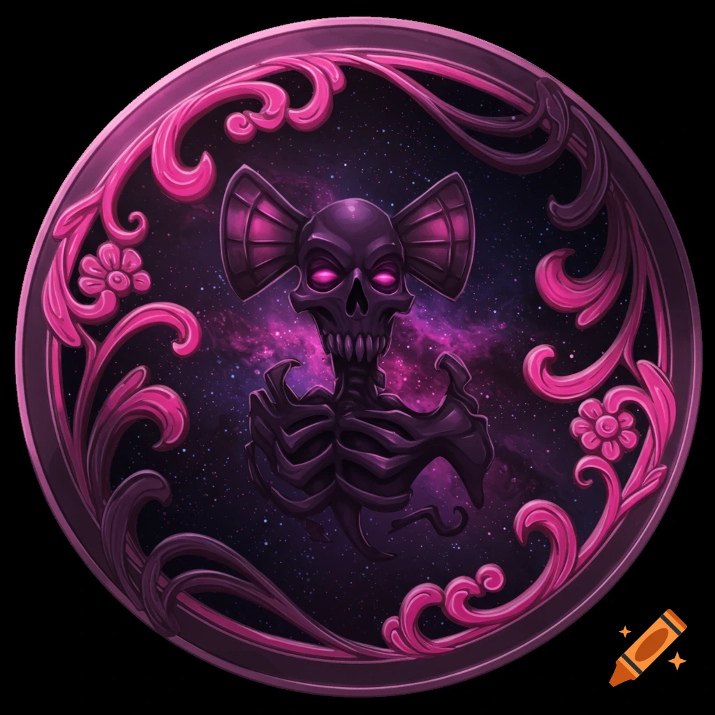 A stylized purple skeleton with pink eyes and a bow headpiece, surrounded by an ornate pink frame and a galaxy background.
