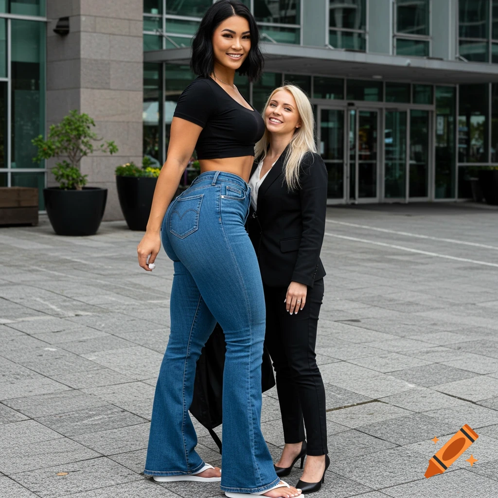 Two women stand outdoors, one tall with flared jeans and a cropped top, the other in a suit. Photorealistic style.