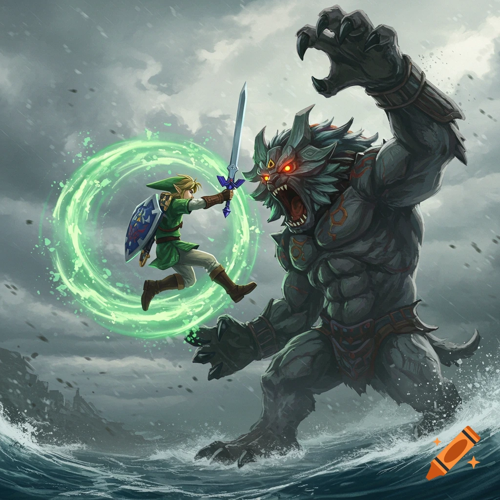 Link battles a giant monstrous creature in a stormy sea.