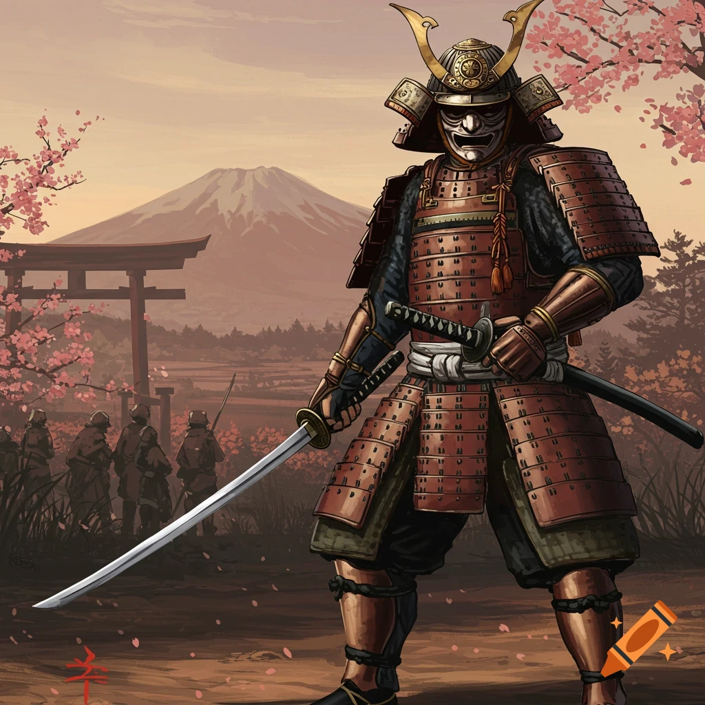 A samurai in red armor holding a katana, with Mount Fuji, cherry blossoms, and a torii gate in the background.