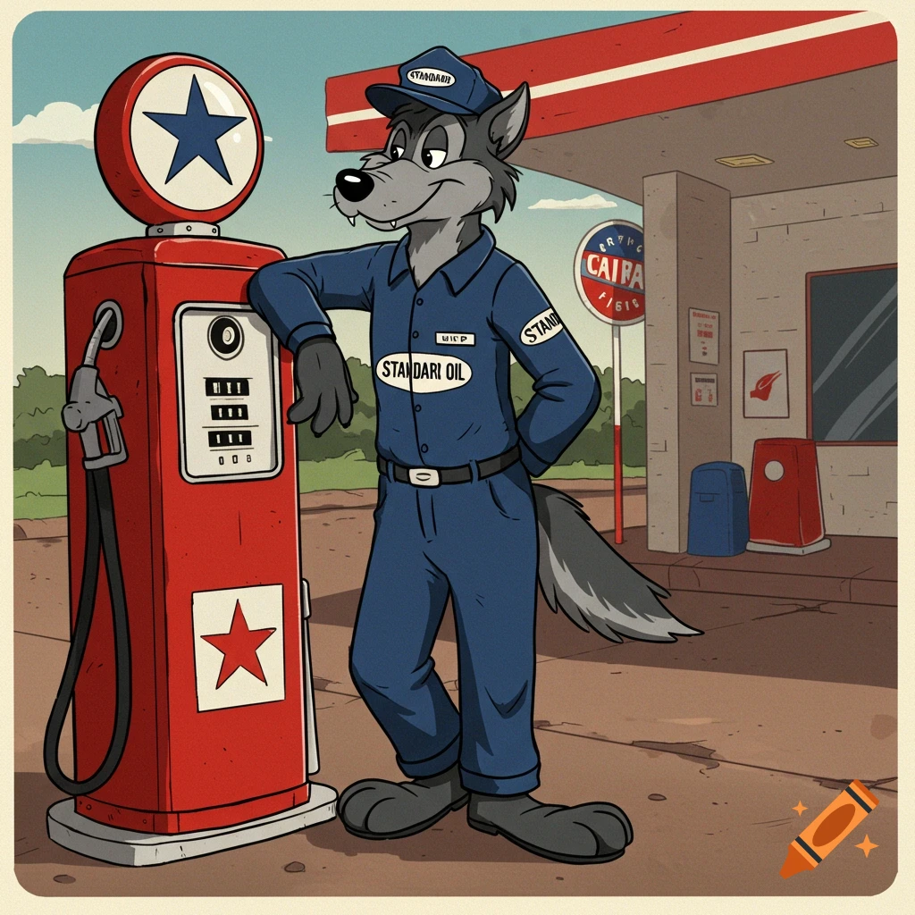 Cartoon wolf in blue uniform leaning on a red gas pump at a gas station.