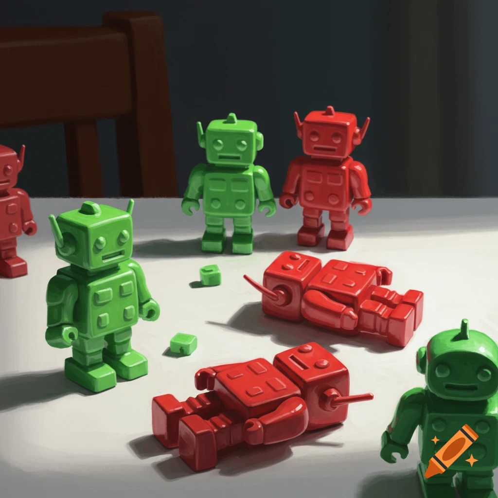 Red and green plastic robot toys on a table, some standing and some lying down.