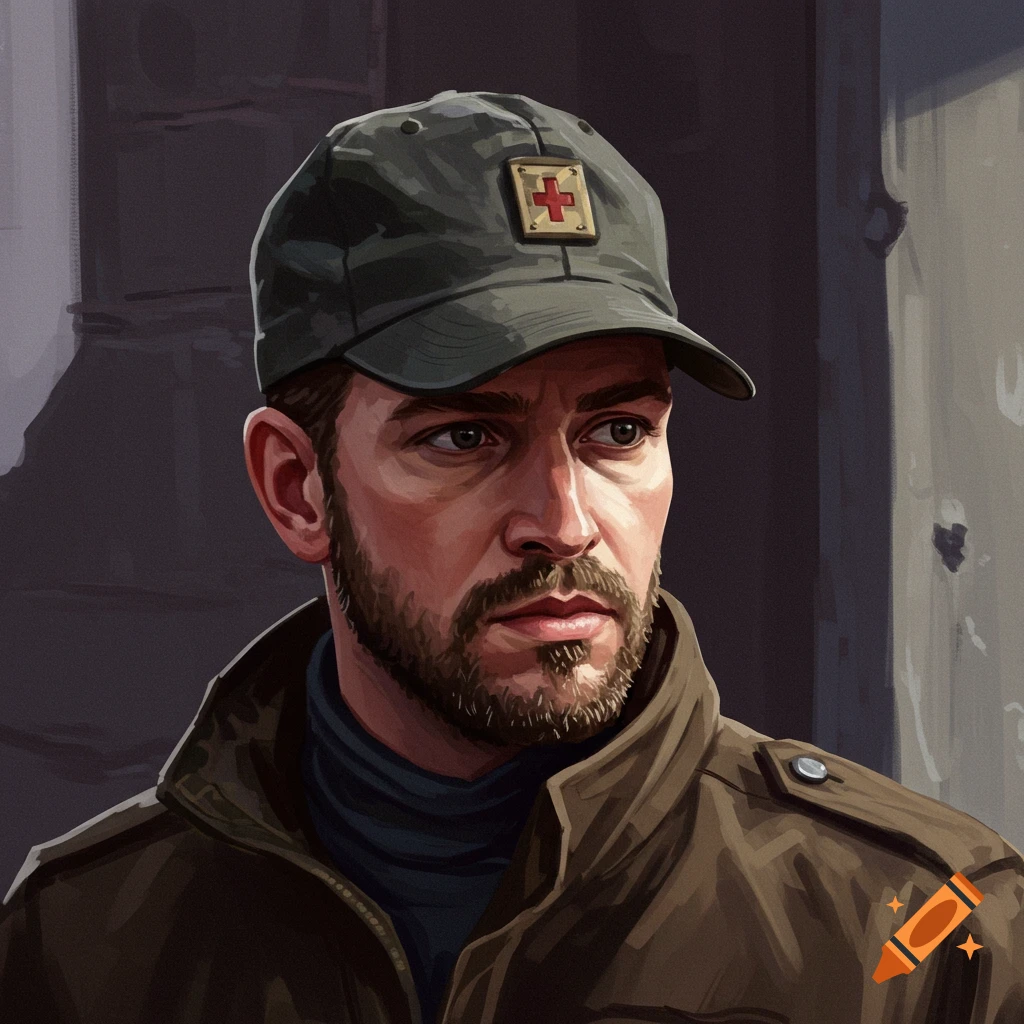 A man in a cap with a red cross emblem and a jacket