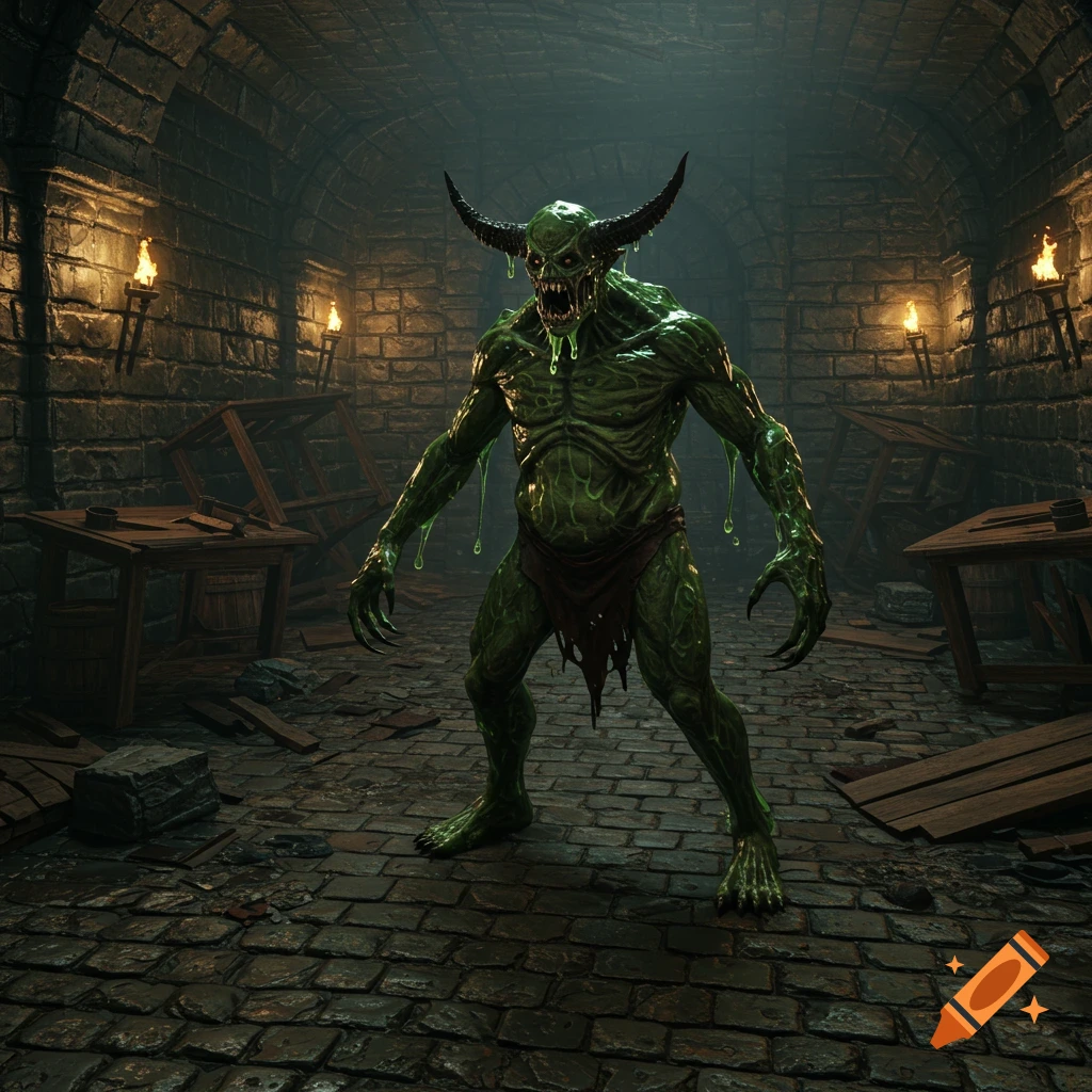 A green, slimy demon stands in a dark dungeon room with broken tables and torches.