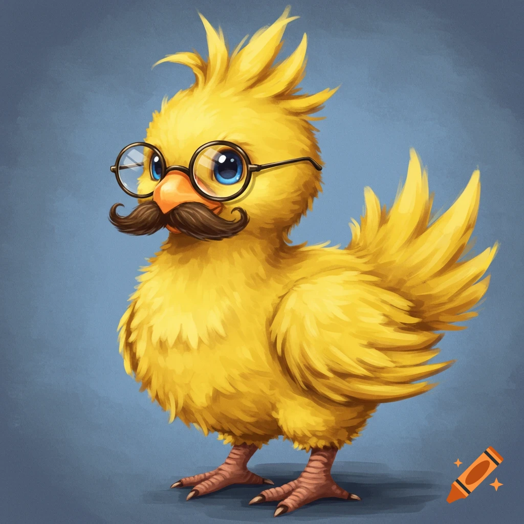 A whimsical yellow bird with glasses and a mustache.