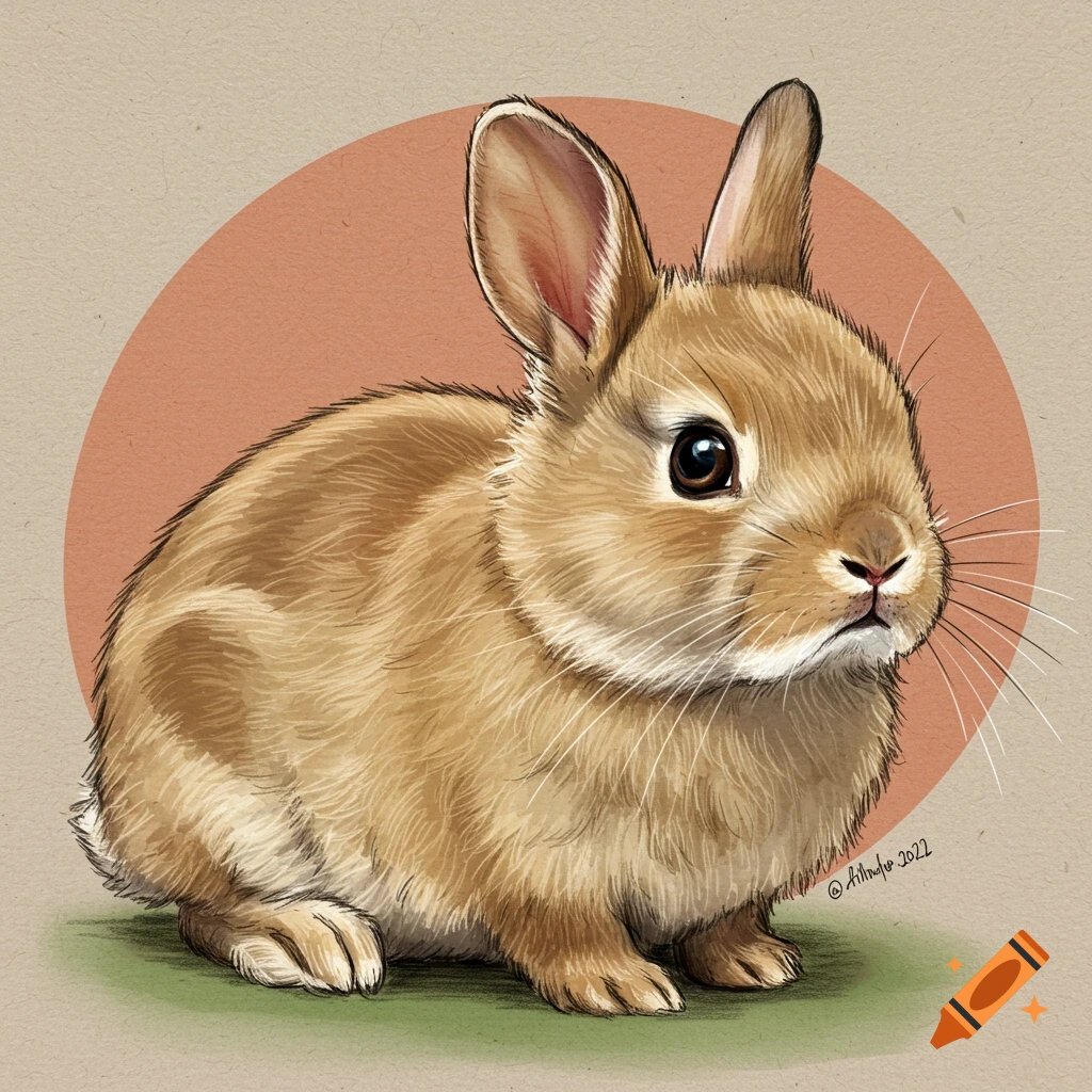Drawing of a fluffy brown rabbit sitting with an orange circle background.